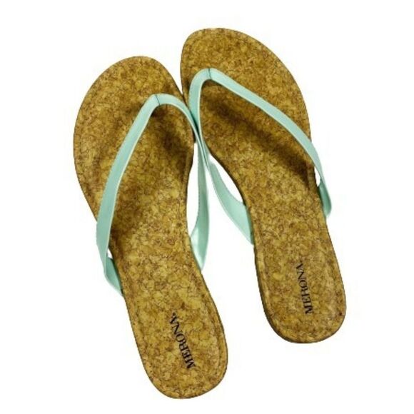 Merona Pastel Blue Teal Flip Flops w. Cork Pattern Insole - Picture 1 of 6